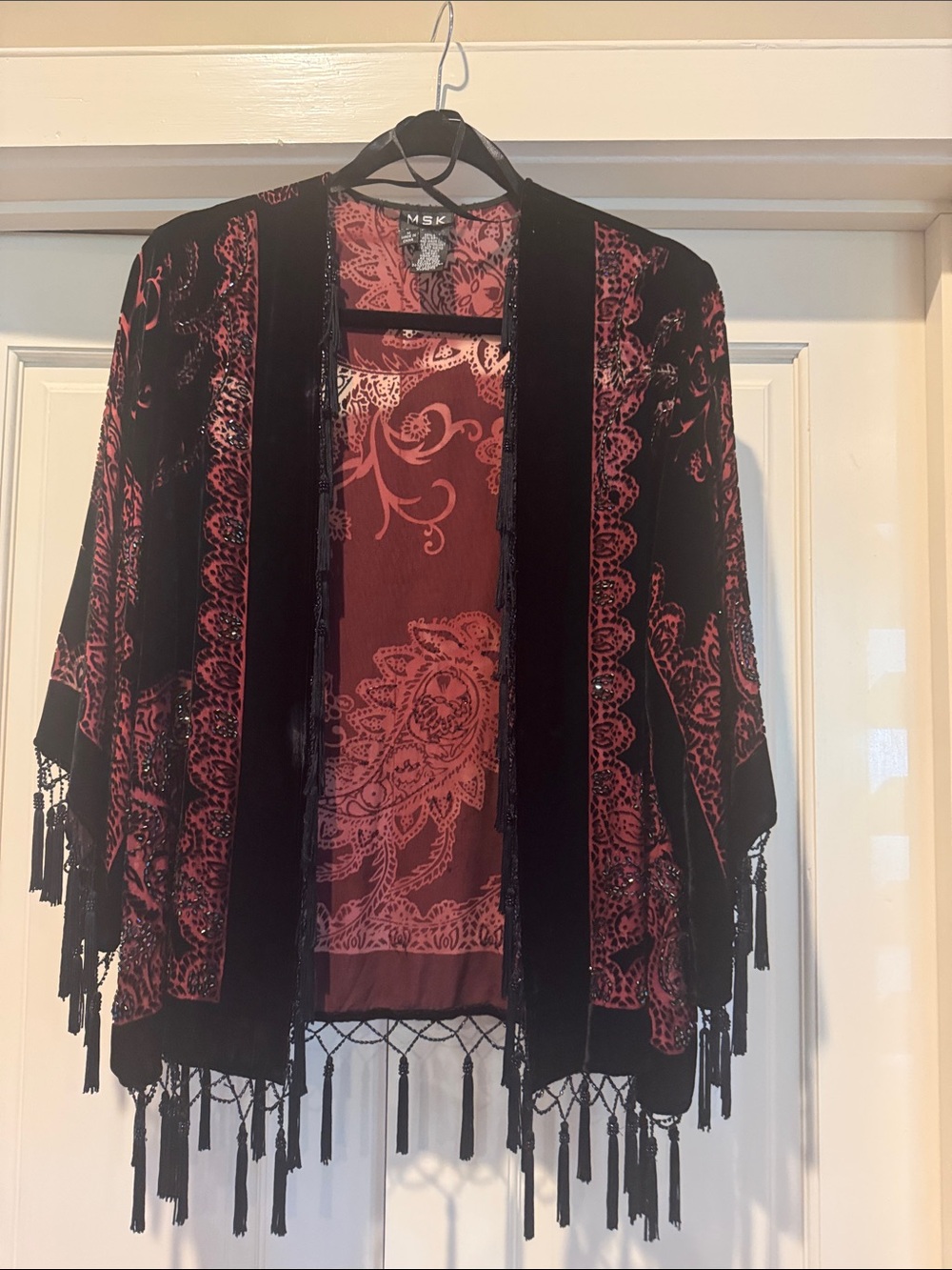 MSK Black & Red Paisley Fringe Kimono Jacket
